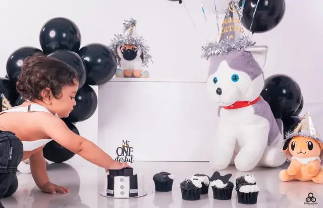 First-birthday setup with balloons