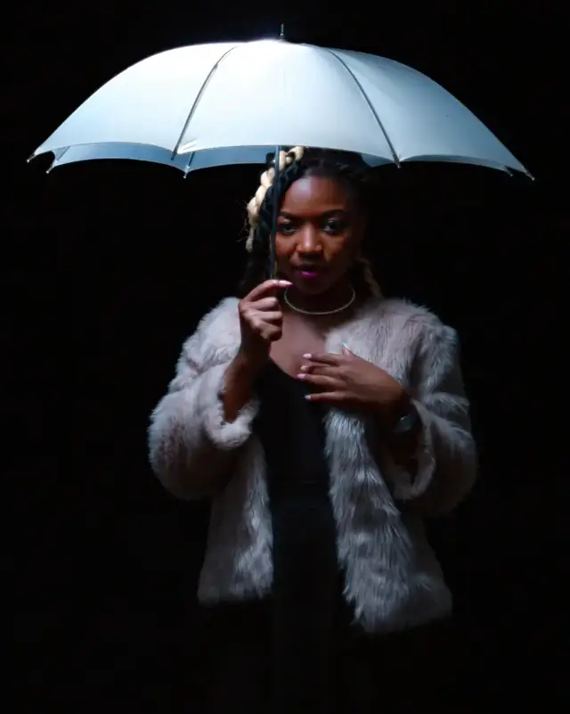 Editorial portrait with umbrella and fur