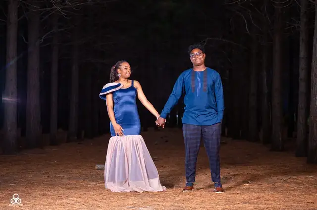 Engagement portrait at night in a blue gown